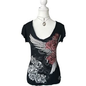 Y2K “Banana Expression” Black Rose Graphic Rhinestone V-Neck Sheer Top